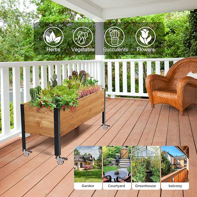 OIPRTGFJ Wood Rectangular Garden Planter Box with Wheel Raised Garden Bed Outdoor,Planters for Outdoor Plants 37 * 13 * 15 Elevated Planter Box for Herbs Vegetables Flowers Outdoor Patio Deck Balcony