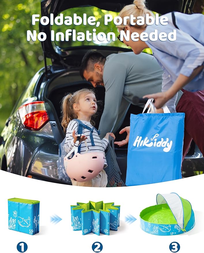 Hikiddy Foldable Kiddie Pool with Canopy: 31.5in/ 47in /63in for Baby Toddler Kids Family - Summer Water Play Pool with Shade - Portable for Outdoor Backyard Beach (Blue-Green, 63in)
