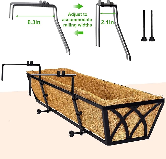 Y&M Hanging Railing Planter Boxes 4 Pack, 24 Inch Adjustable Balcony & Deck Planter, Heavy Duty Metal Flower Box for Porch, Fence & Window, Outdoor Plant Holder