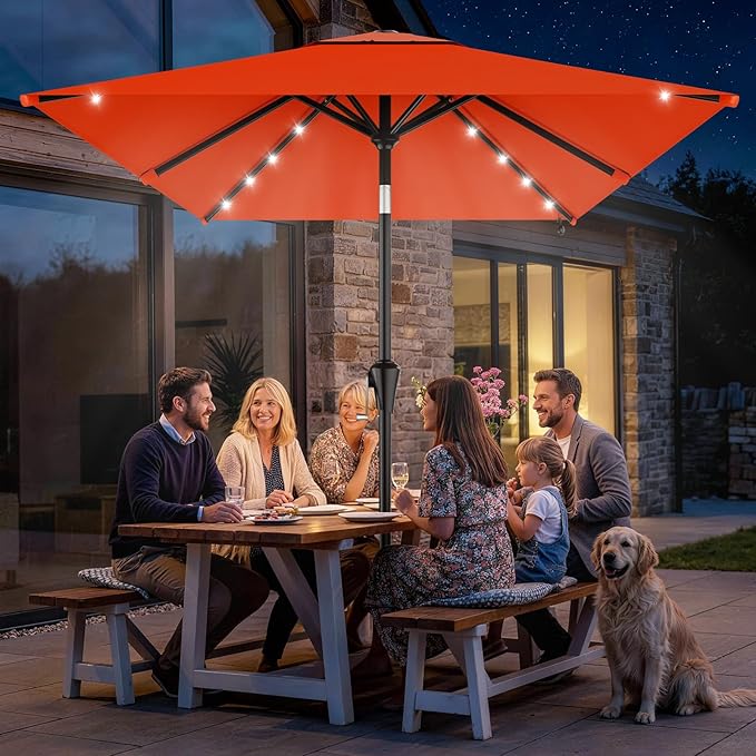 AreShark 6.5' x 10' Rectangular Patio Umbrella with Solar Lights, Solar Powered Lighted Market Umbrella w/Tilt and Crank, Outdoor Table Umbrella for Garden, Deck, Backyard, Pool and Beach, Orange