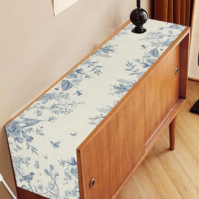 Blue Floral Table Runner, Retro Seasonal Watercolor Spring Wildfloral Flower Birds Boho Rustic Coffee Table Center Decor for Family Kitchen and Dining Farmhouse Party Table Decorations, 13"x36"