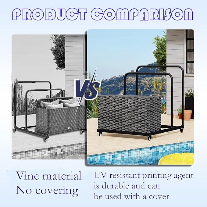 FONTOI Pool Storage, Pool Float Storage Bin with Wheels, Waterproof Metal with Rattan Pattern Textured UV Print Outdoor Pool Towel Rack, All-Weather Float Storage Organizer for Cushions, Black