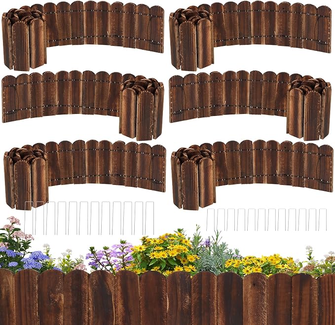 Wood Garden Edging 6 Pack 5.9" H × 47" L Flexible Wooden Garden Fence, Decorative Landscape Edging Border for Flower Beds, Lawns, Pathway, Yard