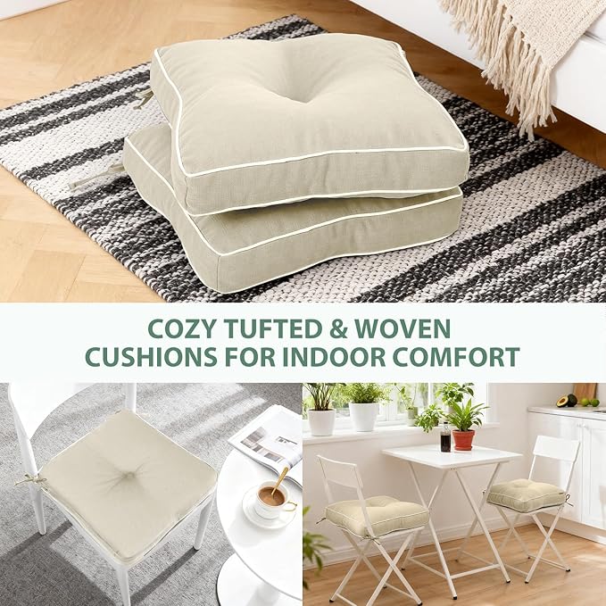 Favoyard Patio Chair Cushions 19 × 19 Inch Water Resistant & 3-Year Color Fastness Outdoor Chairs Cushion for Seat Dining Rocking Wicker Chair Cushion With Tie Straps Tufted Square Pads, Beige, 2 Pack