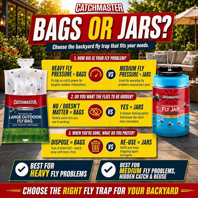 Catchmaster Disposable Outdoor Fly Trap, 4 Hanging Bags with Bait | Catches house, bottle & blowflies, Holds up to 30,000 flies, Food-based lure, no spray needed, Covers your whole yard