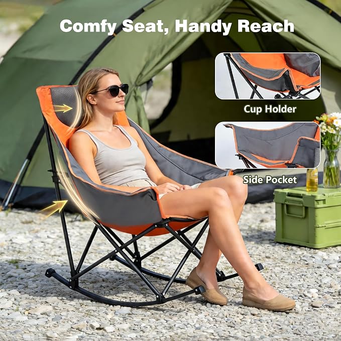 SUNNYFEEL Oversized Rocking Camping Chair 2 Pack, Fully Padded Patio Chair with Side Pocket, High Back Portable Lawn Recliner with Carry Bag, Outdoor Rocker Camp Chairs for Adults Heavy Duty 500 LBS
