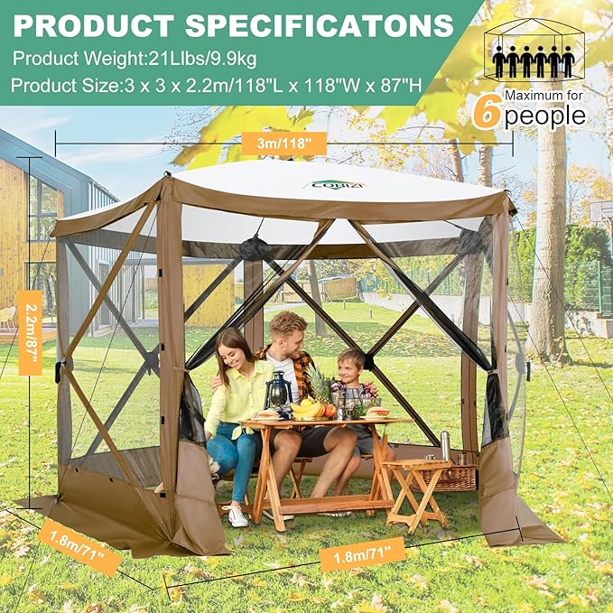 COBIZI 10x10 FT Pop up Gazebo, Popup Canopy Tent,Screened in Gazebos with sidewalls,Waterproof Portable Outdoor Small Screen Tents Sun Shelter,carpas para Patio for Camping,Garden,Backyard,Brown