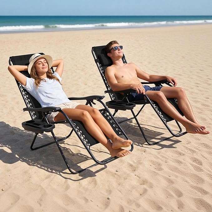 Zero Gravity Chair Set of 4 Oversized Folding Recliner, Padded Anti Gravity Lounge Chair with Adjustable Pillow & Cup Holder for Outdoor Camping, Patio, Poolside, Lawn (Black)