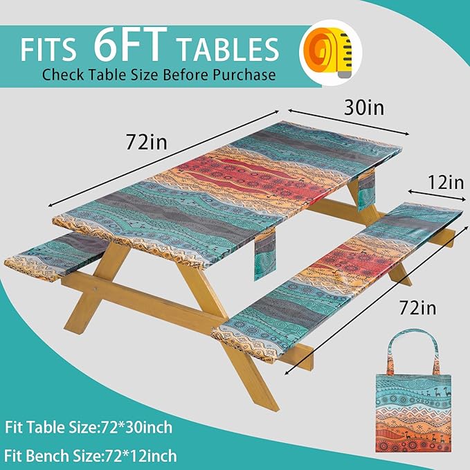 Fitted Waterproof Picnic Table Cover with Bench Covers Heavy Duty Elastic Outdoor Camping Tablecloth for 6 Foot Rectangle Tables Summer Rv Accessories Patio Garden Road Trip Essentials Gifts
