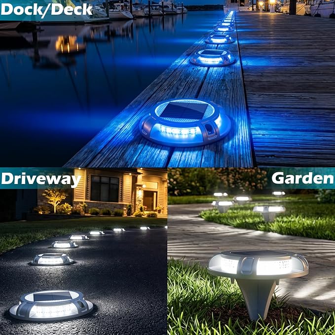 SIEDiNLAR Solar Driveway Lights Outdoor 4 Modes 40 LEDs Deck Driveway Markers Waterproof Marine Dock Light for Walkway Pathway Ground Step Garden Yard, Blue/White Dynamic Lighting (16 Pack)