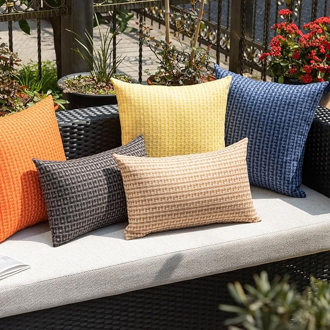 Kevin Textile Outdoor Waterproof Throw Pillow Covers Pack of 2 Farmhouse Decorative Cushion Covers for Garden Patio Tent Balcony Bench Couch Sofa 12x20 Inch, Light Brown