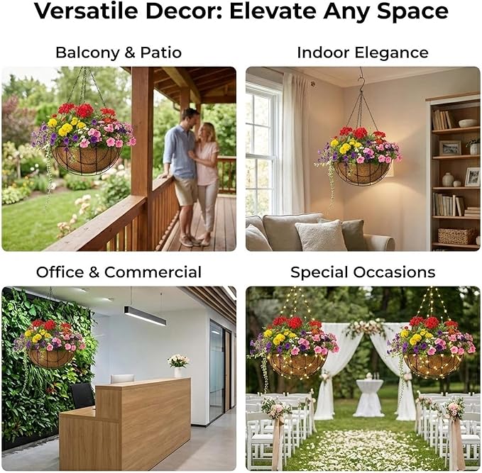 4 Pack 14 Inch Metal Hanging Planter Basket，Natural Round Coconut Hanging Plant Flower Pot，Coconut Coir Planter for Hanging Basket Flowers/Vegetables Home Garden Patio Decoration Earth