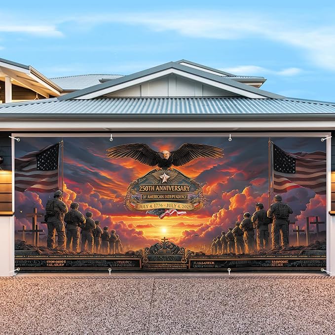 6 * 13FT Summer 250th Anniversary Garage Door Cover Decorations Sunset Palm Trees Garage Door Banner for Outdoor Indoor Summer Party Photography Backdrop