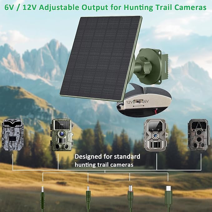 FUTUREZEN 5W Solar Panel for Trail Cameras, DC & USB-C Solar Charger with 5200mAh Battery, 6V/12V Adjustable Output, IP66 Waterproof, 9.8ft Cable