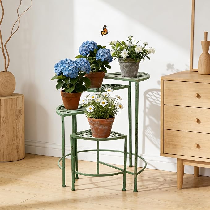 Rustic 4 - Tier Metal Plant Stand - Foldable Distressed Green Corner Plant Rack, Vintage Flower Pot Holder Shelves for Patio Porch Garden Balcony Living Room Use, Indoor/Outdoor Home Decor (Green)