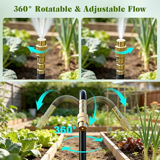 Drip Irrigation System for Garden, Automatic Watering System with Adjustable 360° Copper Spray Nozzles, DIY Drip Irrigation Kit for Yard, Lawn, Greenhouse, Raised Beds & Potted Plants (40FT)