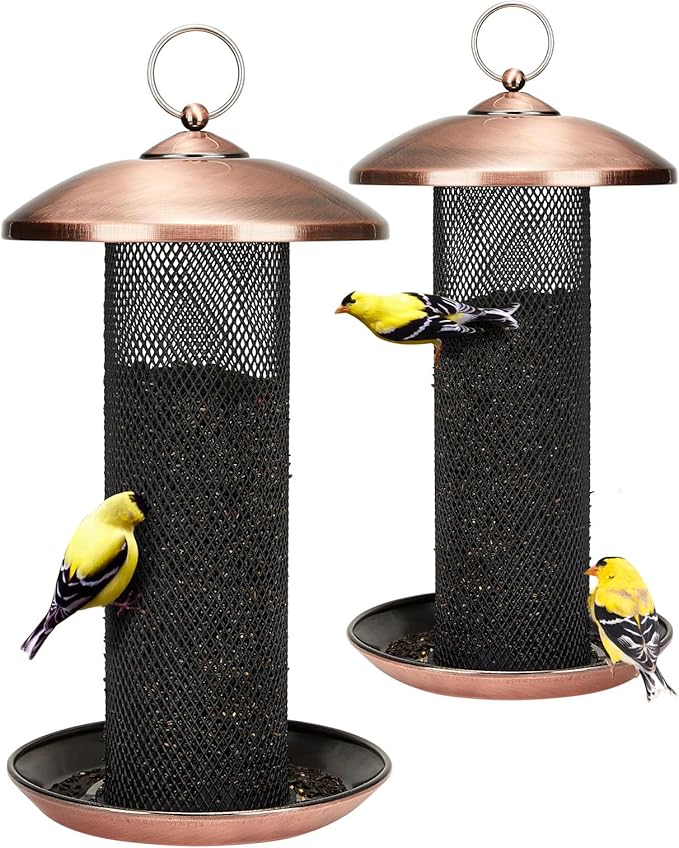 Kingsyard 2 Pack Finch Feeders for Outdoors Hanging, Metal Mesh Tube Bird Feeder for Nyjer/Thistle Seed, 2.5 lbs Large Capacity (Antique Copper)