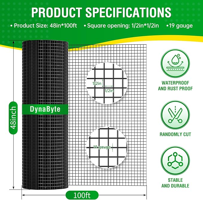 Dynabyte 19 Gauge Black Hardware Cloth 1/2 inch 48 x 100 ft Vinyl Coated Wire Mesh Roll for Chicken Wire Fencing, Garden Fence, Gopher Guard & Custom DIY Projects