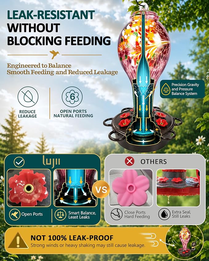 LUJII Smart Hummingbird Feeder with Camera, Hand Blown Glass for Outdoor Hanging, Solar WiFi Feeder with Live View App, 6 Feeding Ports, Leak-Resistant Design, Ant Moat & Gift Box, 36 fl oz, Purple