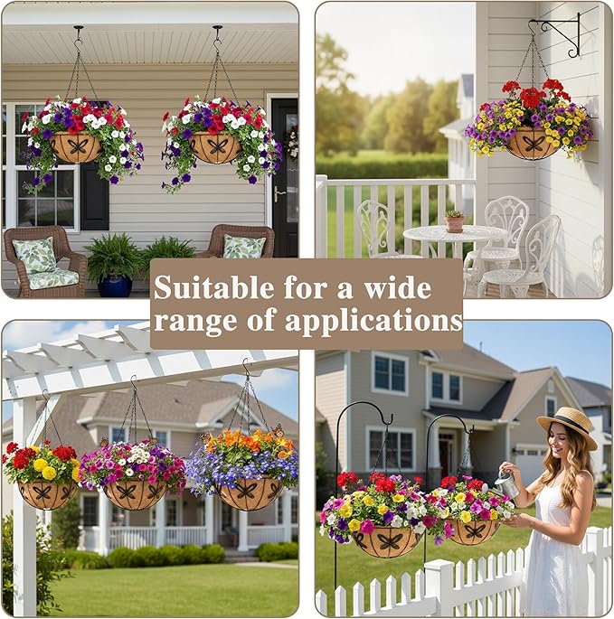 EIMQUVW Outdoor Metal Hanging Planters Basket (4pack, 12 inch) Hanging Baskets for Plants Chain Round Wire Plant Holder with Coco Fiber Liners for Garden, Patio, Deck, Porch(Butterfly)