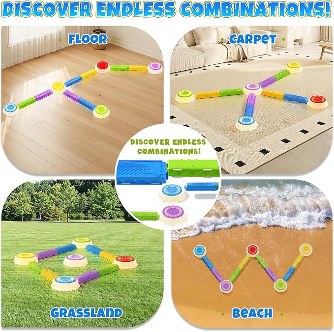 Wee Wonders Light Up Stepping Stones & Balance Beam for Kids, Step Stones with Piano Music, Game Spinner & 30 Cards, Non-Slip Sensory Obstacle Course Toys, Indoor Outdoor Gifts for Toddlers 3-5