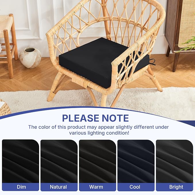 Outdoor Chair Cushions Set of 4 for Outdoor Patio Furniture, Waterproof Patio Seat Cushions with Handle & Ties, 3 Year Color Fastness Square Garden Sofa Couch Pads, 19" x 19" x 3", Black