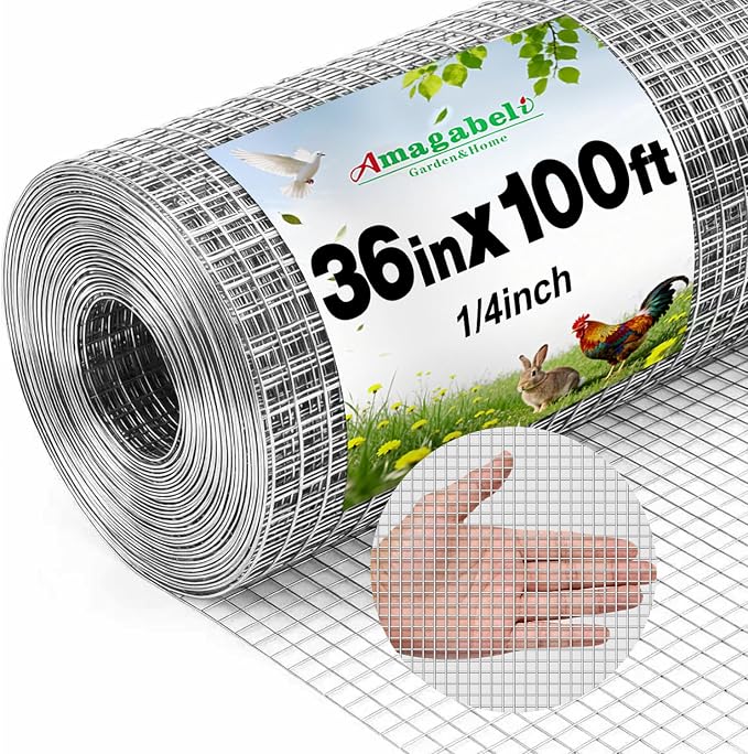 Amagabeli Galvanized Hardware Cloth 1/4inch 36inch x 100ft 23 Gauge Chicken Wire Fencing Welded Wire Metal Roll for Rabbit Cage Snake Fence Gopher Poultry Garden Netting Raised Bed Window Screen
