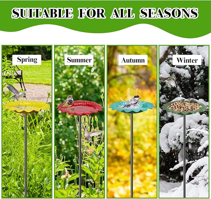 4 PCS Metal Bird Baths for Outdoors, Small Garden Bird Bath with Metal Stake, Hummingbird Feeder for Yard Lawn Decoration (4P-Red Yellow Blue Green)