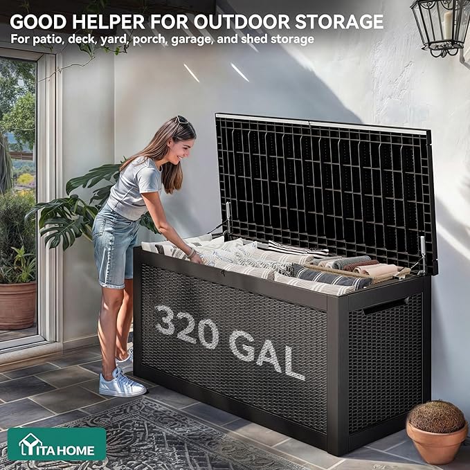 YITAHOME 320 Gallon XXL Large Deck Box, Outdoor Resin Storage Box, Lockable Storage Container for Patio Cushions, Furniture, Garden Tools, Water Resistant (Black)