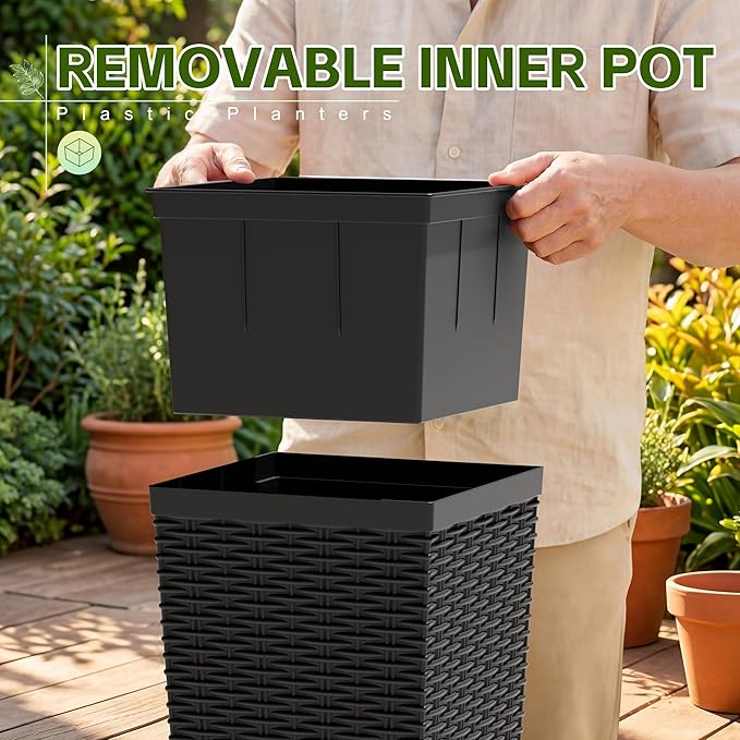 Devoko Resin Tall Planters for Outdoor Plants Set of 2, Large Taper Outdoor Planter Pots with 4 Drainage Holes, Flower Pots Modern Decor for Porch, Patio, Backyard, Home Garden (Black, 24'')