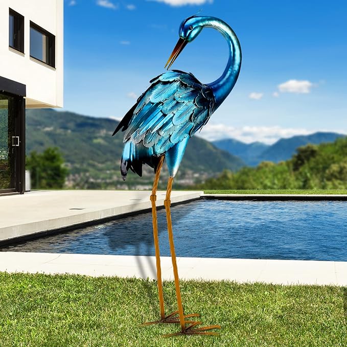 chisheen Crane Garden Statues, Metal Garden Crane Outdoor, Blue Heron Sculpture Metal Yard Art, Large Heron Decoy, Bird Statues, Lawn Ornaments for Backyard Pond Patio Porch Outside Decorations