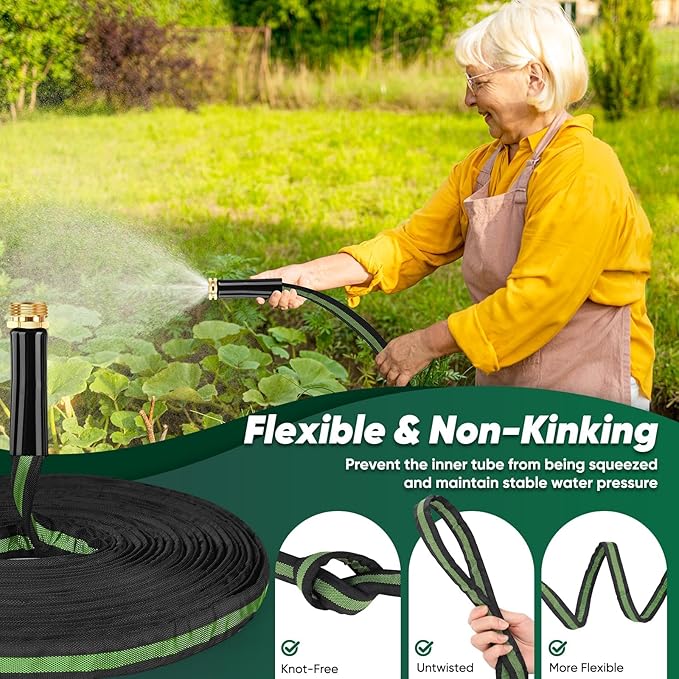Garden Hose 100ft, Non-Expanding Water Hose, 8 Function Nozzle, Flexible Ultra-Light, Anti-Kink, Wear-Resistant, Portable, Easy Storage, Hose with 3/4 for Outdoor, Garden, Yard and Lawn, Black Green