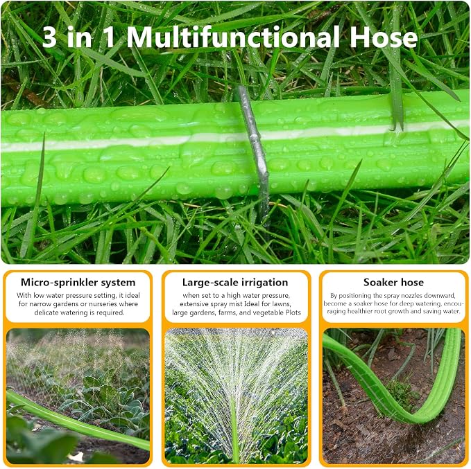 LAVEVE Heavy Duty Sprinkler Soaker Hose 50 FT, Flat Garden Hose with Holes, Efficient Flexible Irrigation Hose for Yard, Lawn and Garden, Includes Stakes