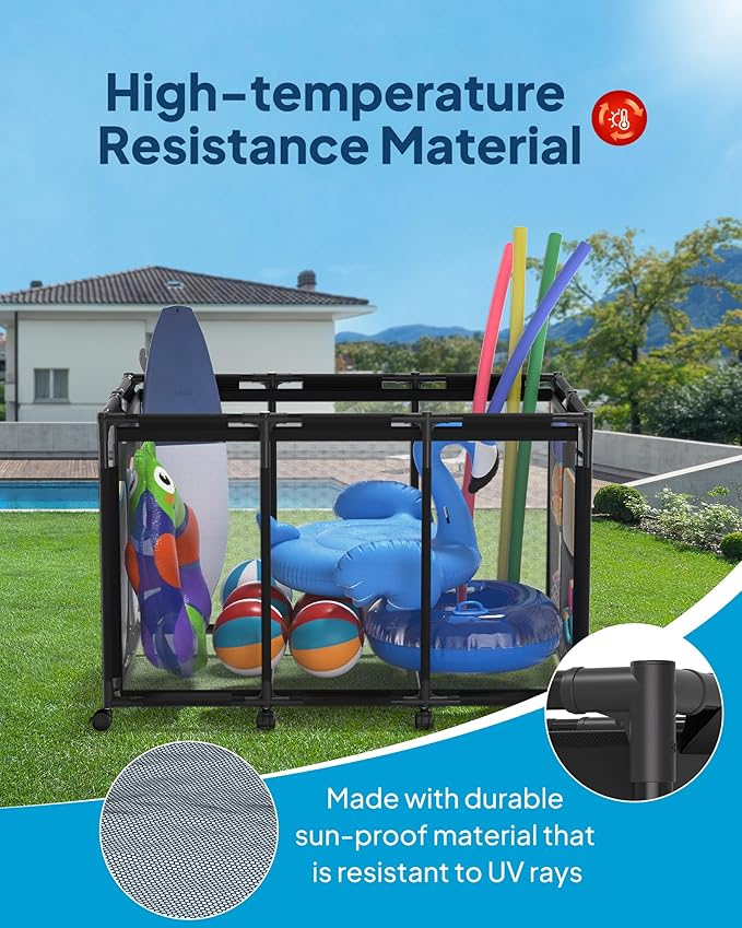 SHAPON Pool Storage Bin XX-Large, Nylon Mesh Pool Float Storage Organizer for Noodles, Goggles, Floats & Balls, Outdoor Pool Toy Storage with Rolling Cart for Swimming Equipments, Black