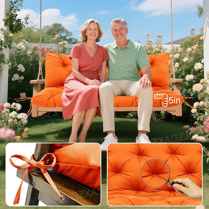 Porch Swing Cushions Outdoor 40x40 inch Waterproof Extra Thick 5" Swing Cushions Replacement with Backrest and Ties for Outdoor Furniture Porch Patio Garden Lawn (Orange)