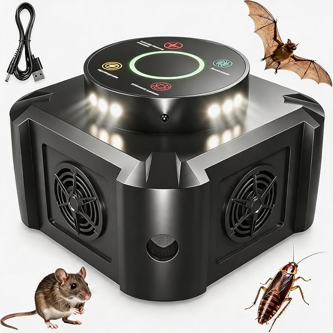 Ultrasonic Mouse Repeller & Pest Repellent with 12 Strobe Lights, 4 Frequency Modes – Indoor Plug-in Rodent Control for Home, Garage, Attic, Electronic Mice Deterrent Devices, Black