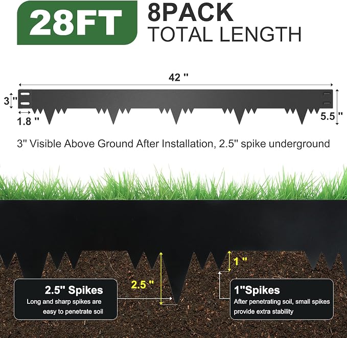Metal Landscape Edging Border 8 Packs 42'' L x 5.5'' H, Galvanized Steel Garden Edging Border with 8 Stakes, Hammer-in Lawn Edging for Landscaping, Flower Bed, Yard, Pathway, Tree Ring (28ft Total)