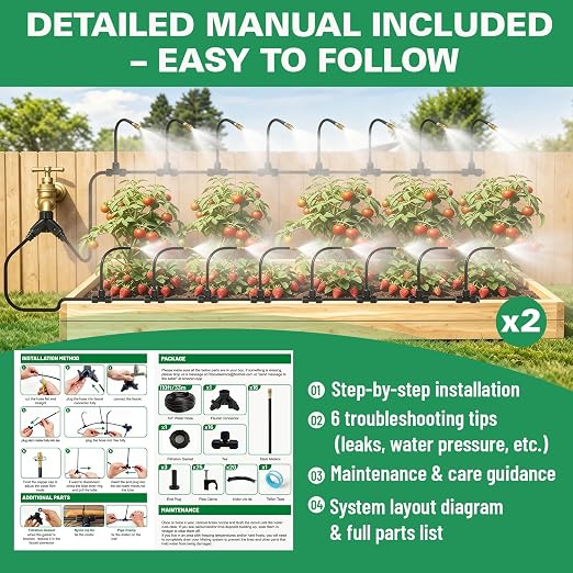 Riboud 220Ft Drip Irrigation System, 2026-Upgrade Garden Watering Kit with 28 Adjustable Copper Rotating Arm Nozzles, 360° Flexible Spray Irrigation Kit for Raised Beds, Lawn, Greenhouse