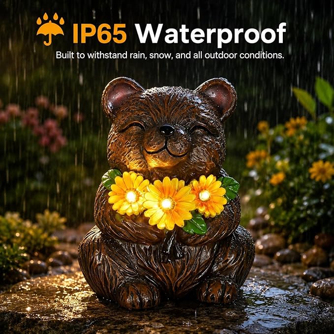 Solar Garden Statues Bear with Daisy and LED Lights Birthday Gifts for Women Mom Grandma Solar Outdoor Cat Decor for Outside,Outdoor Solar Lights for Yard, Garden and Patio, Unique Gift for Women