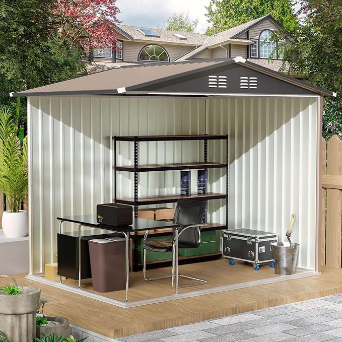 YOPTO 8x6 FT Outdoor Storage Shed,Waterproof Metal Cabinet with Apex Roof and Lockable,Storage Sheds House Shelter w/Vents,Tool House for Storing Bicycles,Lawnmowers,Brown