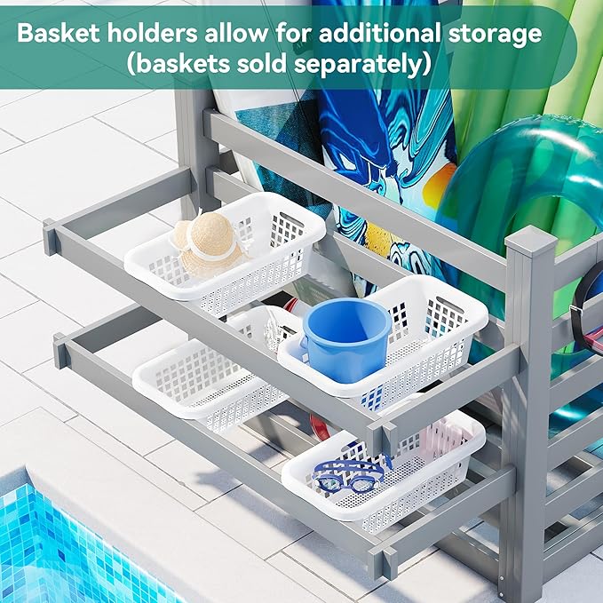 YITAHOME 64" W x 47" L x 39" H Poolside Deckbox Storage Organizer with 6 Movable Hooks, Outdoor Waterproof Pool Storage Bins (Light Gray)