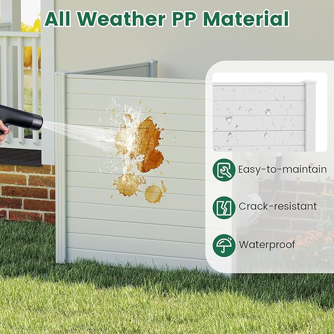 HAPPYGRILL Air Conditioner Fence, 4 Panels Outdoor Privacy Fence Screen w/6 Stakes, 48''W x 48''H PP Pool Equipment Enclosure Trash Can Screen, Decorative Garden Fences for AC Unit Patio Lawn, White