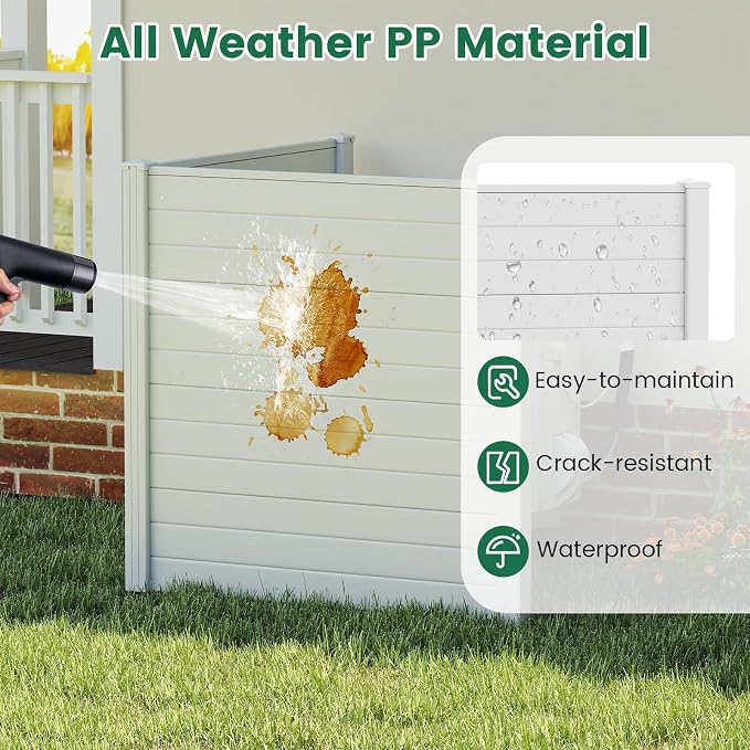 HAPPYGRILL Air Conditioner Fence, 2 Panels Outdoor Privacy Fence Screen w/3 Stakes, 48”W x 48”H PP Pool Equipment Enclosure Trash Can Screen, Decorative Garden Fences for AC Unit Patio Lawn, White