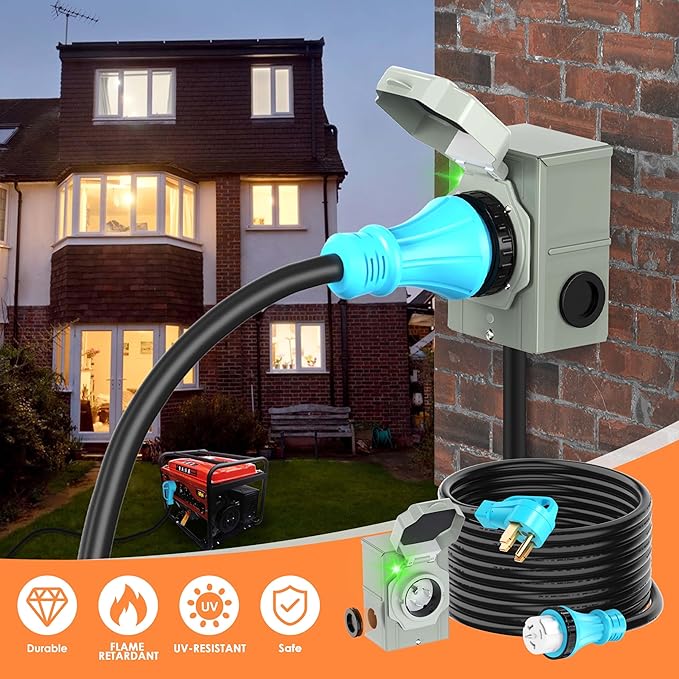 UL Listed 50 Amp 15Feet Generator Cord and Power Inlet Box Combo Kit NEMA 14-50P Male to SS2-50R STW 6/3+8/1 AWG 125/250V Twist Locking with Inlet Box for Generator to House