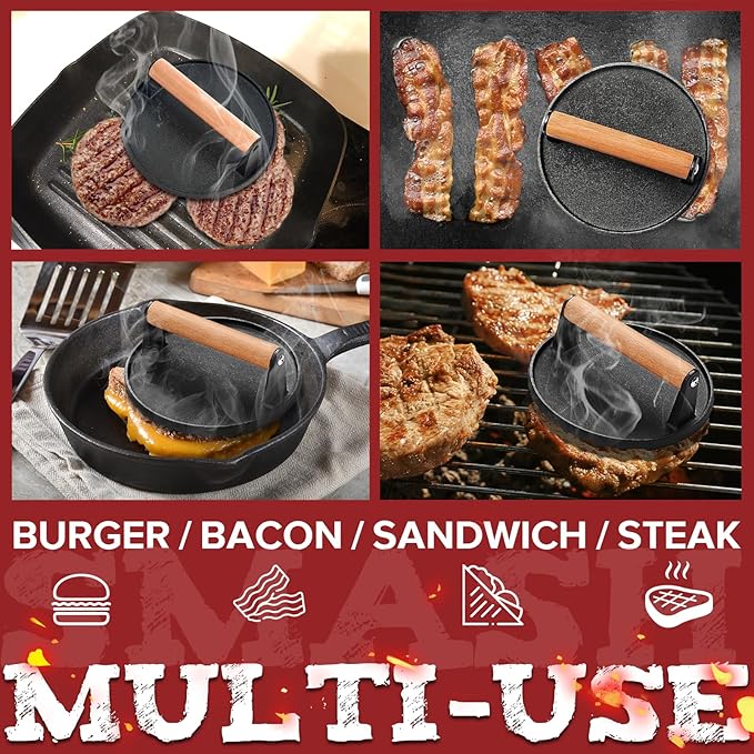 Grilliance 4pcs Smash Burger Press Kit, 3 in 1 Hamburger Press Patty Maker, Cast Iron Burger Press, Cleaning Pad Set for Grill, Griddle, Flat top, Kitchen, Cooking