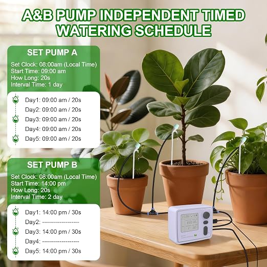 BZONE Dual Channel Automatic Watering System, Timer Drip Irrigation Kit for 20 Potted Plants, with Adjustable Programs & 3 Power Levels, 20 Emitters, 15M Hose for Indoor Garden