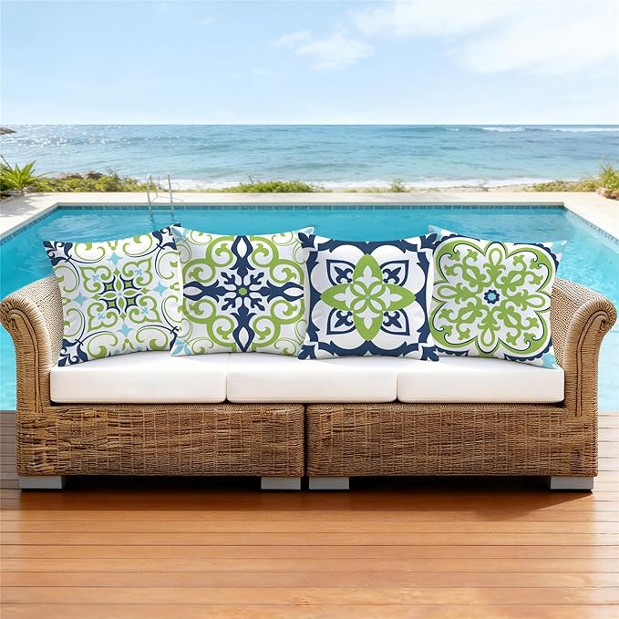 NIGHTWISH Outdoor Waterproof Pillow Covers 16x16 Set of 4 Green Boho Decorative Outdoor Throw Pillows Floral Cushion Cases for Patio Furniture Bench Couch Sunbrella