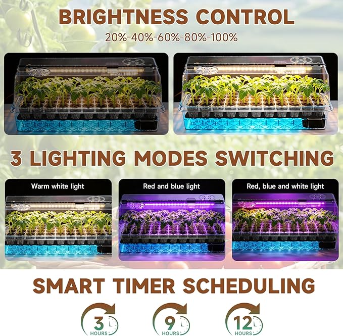 Seed Starter Tray Self Watering, Seed Starter Kit with Grow Light, Full Spectrum Grow Light for Seedling with Timer, Indoor Plant Grow Tray for Beginners & Seasoned Gardeners (144 Cells)