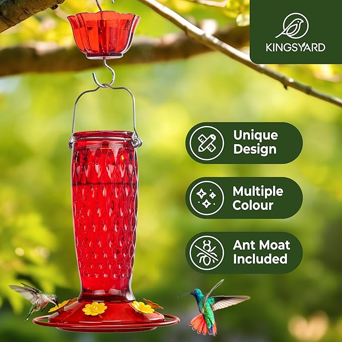 Kingsyard Hummingbird Feeders for Outdoors Hanging, 24 Ounce, Glass Hummingbird Feeder with Ant Moat & 6 Bee Guard Feeding Ports, Leak-Proof, Red