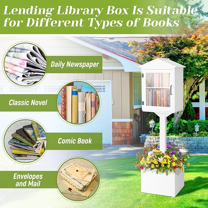 Wonderjune Little Library Box Outdoor, Durable Weatherproof Solid Wood Book Exchange Box with Floor Plugs and Small Flower Fence for Community, Literature, School Sharing Book(White,Steepletop)